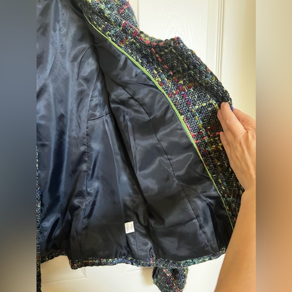 Navy Blue, Multi-Plaid Textured Tweed Retro Blazer/Jacket w/ portrait collar. - Picture 5 of 13